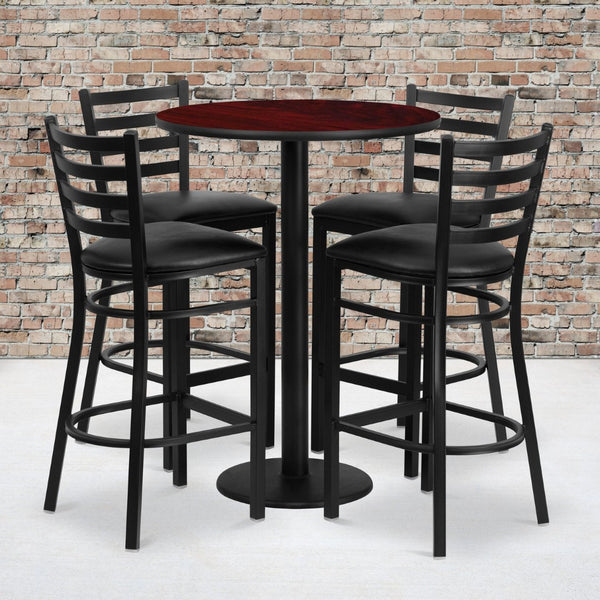 English Elm Jamie Elegant Round Laminate Table Set with Heavy-Duty Base and 4 Comfortable Metal Barstools Mahogany Top/Black Vinyl Seat 30" Round RSRB1022-GG