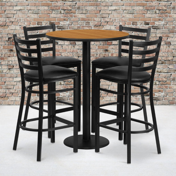 English Elm Jamie Elegant Round Laminate Table Set with Heavy-Duty Base and 4 Comfortable Metal Barstools Natural Top/Black Vinyl Seat 30" Round RSRB1023-GG
