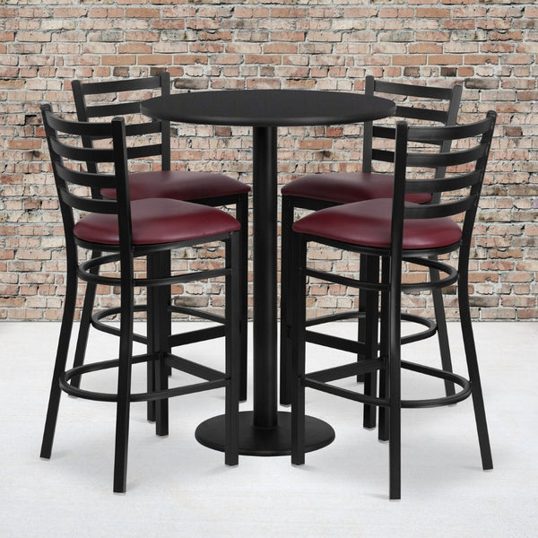 English Elm Jamie Elegant Round Laminate Table Set with Heavy-Duty Base and 4 Comfortable Metal Barstools Black Top/Burgundy Vinyl Seat 30" Round RSRB1025-GG