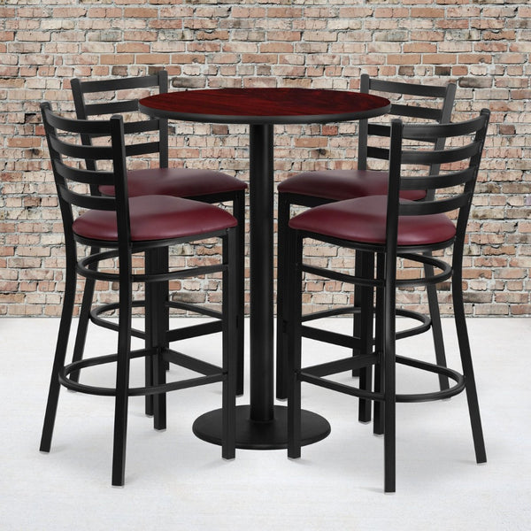 English Elm Jamie Elegant Round Laminate Table Set with Heavy-Duty Base and 4 Comfortable Metal Barstools Mahogany Top/Burgundy Vinyl Seat 30" Round RSRB1026-GG