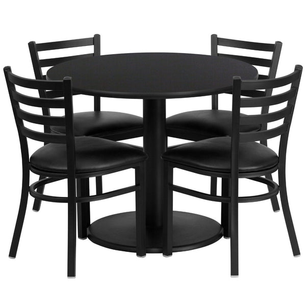 English Elm Jamie Durable Round Table Set with 4 Comfortable Ladder-Back Chairs - Perfect for Dining & Events Black Top/Black Vinyl Seat 36" Round RSRB1029-GG