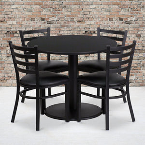 English Elm Jamie Durable Round Table Set with 4 Comfortable Ladder-Back Chairs - Perfect for Dining & Events Black Top/Black Vinyl Seat 36" Round RSRB1029-GG