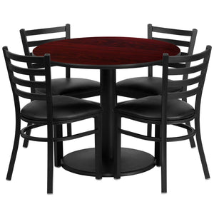 English Elm Jamie Durable Round Table Set with 4 Comfortable Ladder-Back Chairs - Perfect for Dining & Events Mahogany Top/Black Vinyl Seat 36" Round RSRB1030-GG