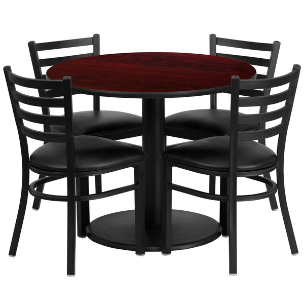 English Elm Jamie Durable Round Table Set with 4 Comfortable Ladder-Back Chairs - Perfect for Dining & Events Mahogany Top/Black Vinyl Seat 36" Round RSRB1030-GG