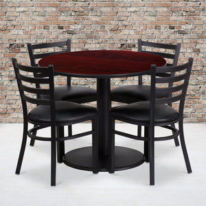 English Elm Jamie Durable Round Table Set with 4 Comfortable Ladder-Back Chairs - Perfect for Dining & Events Mahogany Top/Black Vinyl Seat 36" Round RSRB1030-GG