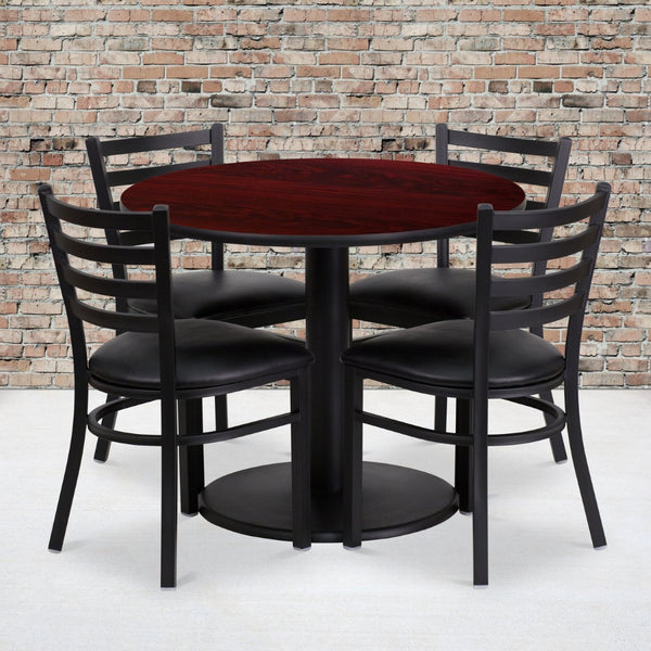 English Elm Jamie Durable Round Table Set with 4 Comfortable Ladder-Back Chairs - Perfect for Dining & Events Mahogany Top/Black Vinyl Seat 36" Round RSRB1030-GG