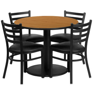English Elm Jamie Durable Round Table Set with 4 Comfortable Ladder-Back Chairs - Perfect for Dining & Events Natural Top/Black Vinyl Seat 36" Round RSRB1031-GG