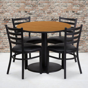 English Elm Jamie Durable Round Table Set with 4 Comfortable Ladder-Back Chairs - Perfect for Dining & Events Natural Top/Black Vinyl Seat 36" Round RSRB1031-GG