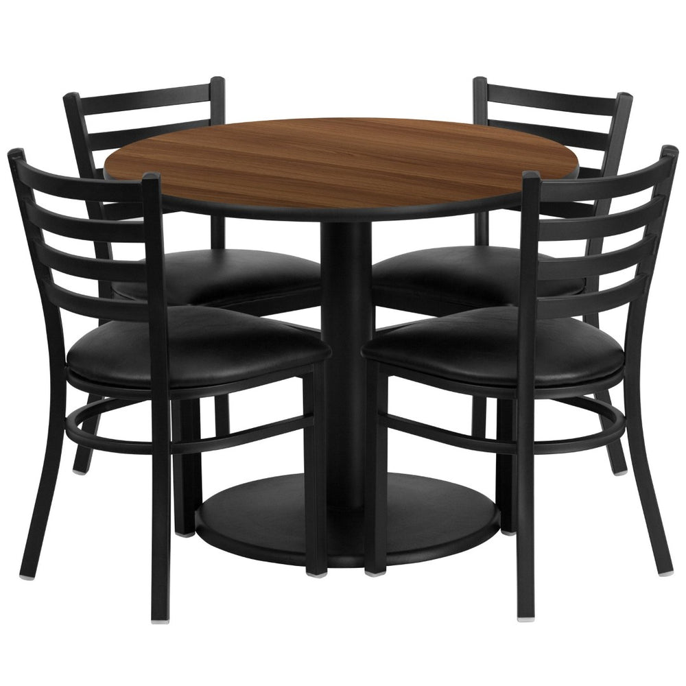 English Elm Jamie Durable Round Table Set with 4 Comfortable Ladder-Back Chairs - Perfect for Dining & Events Walnut Top/Black Vinyl Seat 36" Round RSRB1032-GG