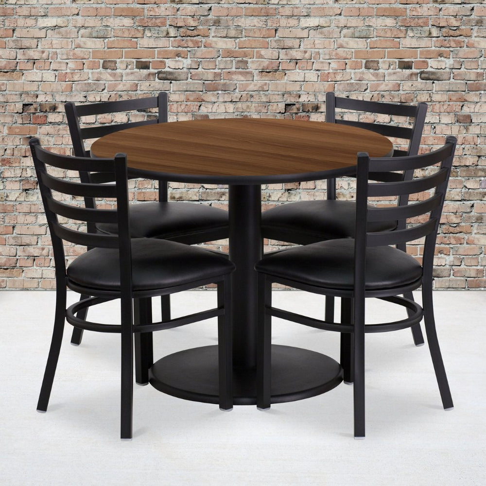 English Elm Jamie Durable Round Table Set with 4 Comfortable Ladder-Back Chairs - Perfect for Dining & Events Walnut Top/Black Vinyl Seat 36" Round RSRB1032-GG