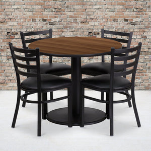 English Elm Jamie Durable Round Table Set with 4 Comfortable Ladder-Back Chairs - Perfect for Dining & Events Walnut Top/Black Vinyl Seat 36" Round RSRB1032-GG