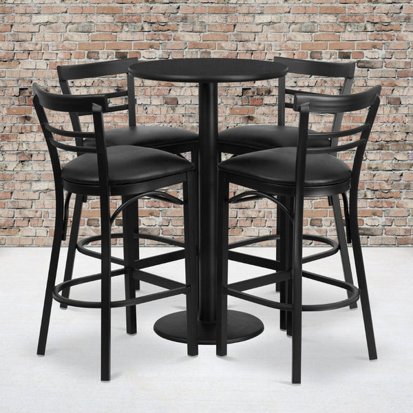 English Elm Jamie Commercial-Grade Bar Height Table and Stool Set for Restaurants, Cafes, and Home Spaces Black Top/Black Vinyl Seat 24" Round RSRB1033-GG