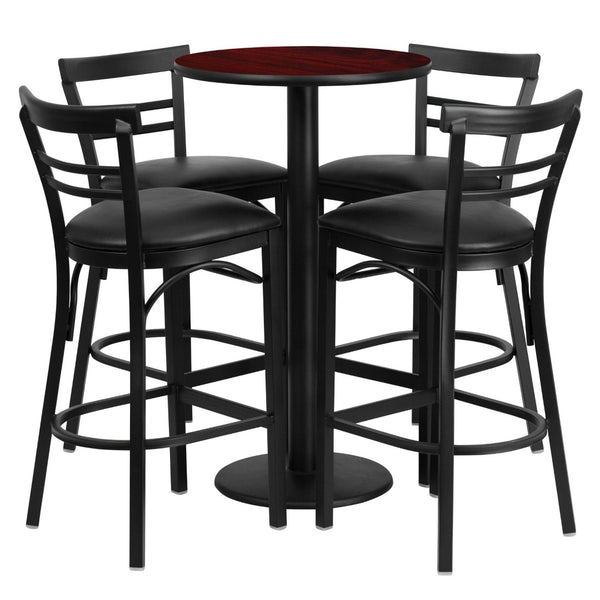 English Elm Jamie Commercial-Grade Bar Height Table and Stool Set for Restaurants, Cafes, and Home Spaces Mahogany Top/Black Vinyl Seat 24" Round RSRB1034-GG