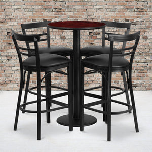 English Elm Jamie Commercial-Grade Bar Height Table and Stool Set for Restaurants, Cafes, and Home Spaces Mahogany Top/Black Vinyl Seat 24" Round RSRB1034-GG