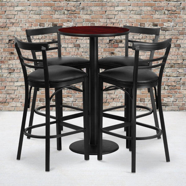 English Elm Jamie Commercial-Grade Bar Height Table and Stool Set for Restaurants, Cafes, and Home Spaces Mahogany Top/Black Vinyl Seat 24" Round RSRB1034-GG