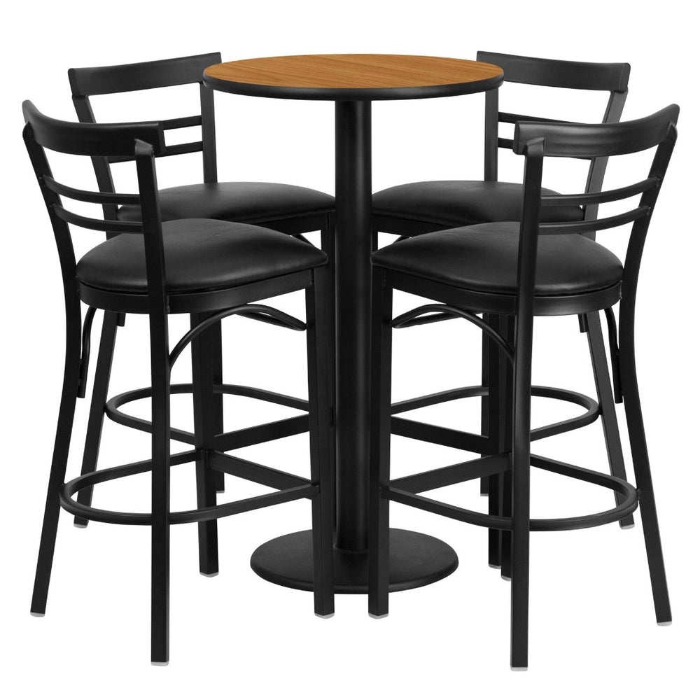 English Elm Jamie Commercial-Grade Bar Height Table and Stool Set for Restaurants, Cafes, and Home Spaces Natural Top/Black Vinyl Seat 24" Round RSRB1035-GG