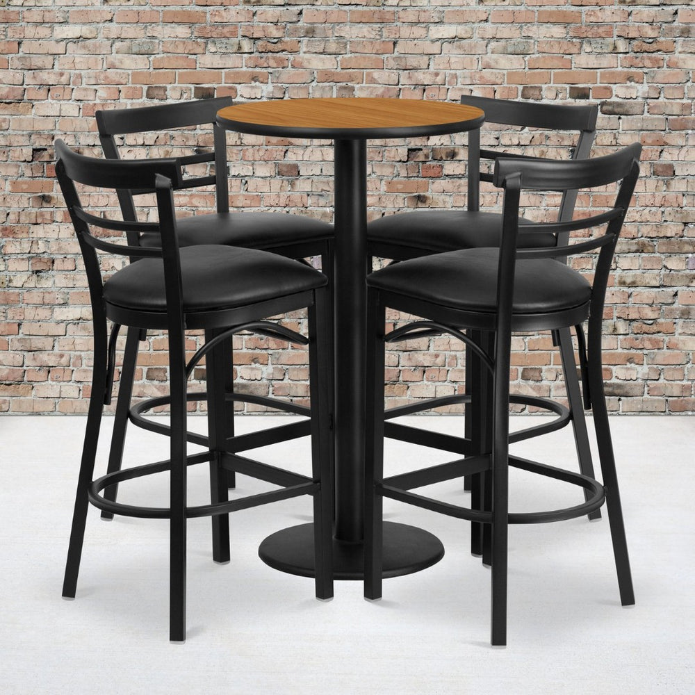 English Elm Jamie Commercial-Grade Bar Height Table and Stool Set for Restaurants, Cafes, and Home Spaces Natural Top/Black Vinyl Seat 24" Round RSRB1035-GG