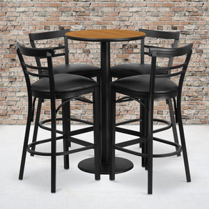 English Elm Jamie Commercial-Grade Bar Height Table and Stool Set for Restaurants, Cafes, and Home Spaces Natural Top/Black Vinyl Seat 24" Round RSRB1035-GG