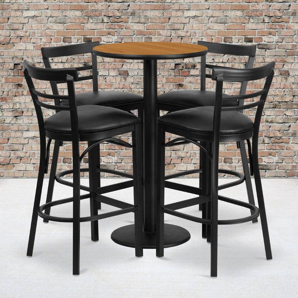 English Elm Jamie Commercial-Grade Bar Height Table and Stool Set for Restaurants, Cafes, and Home Spaces Natural Top/Black Vinyl Seat 24" Round RSRB1035-GG