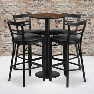 English Elm Jamie Commercial-Grade Bar Height Table and Stool Set for Restaurants, Cafes, and Home Spaces Walnut Top/Black Vinyl Seat 24" Round RSRB1036-GG