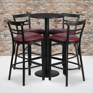English Elm Jamie Commercial-Grade Bar Height Table and Stool Set for Restaurants, Cafes, and Home Spaces Black Top/Burgundy Vinyl Seat 24" Round RSRB1037-GG