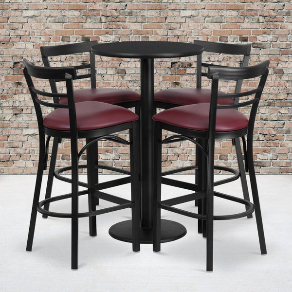 English Elm Jamie Commercial-Grade Bar Height Table and Stool Set for Restaurants, Cafes, and Home Spaces Black Top/Burgundy Vinyl Seat 24" Round RSRB1037-GG