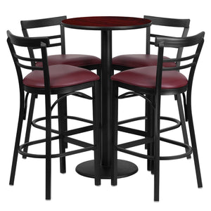 English Elm Jamie Commercial-Grade Bar Height Table and Stool Set for Restaurants, Cafes, and Home Spaces Mahogany Top/Burgundy Vinyl Seat 24" Round RSRB1038-GG