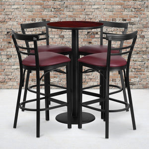English Elm Jamie Commercial-Grade Bar Height Table and Stool Set for Restaurants, Cafes, and Home Spaces Mahogany Top/Burgundy Vinyl Seat 24" Round RSRB1038-GG
