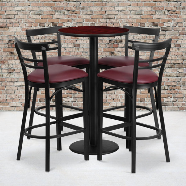 English Elm Jamie Commercial-Grade Bar Height Table and Stool Set for Restaurants, Cafes, and Home Spaces Mahogany Top/Burgundy Vinyl Seat 24" Round RSRB1038-GG