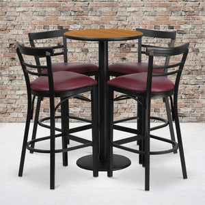 English Elm Jamie Commercial-Grade Bar Height Table and Stool Set for Restaurants, Cafes, and Home Spaces Natural Top/Burgundy Vinyl Seat 24" Round RSRB1039-GG