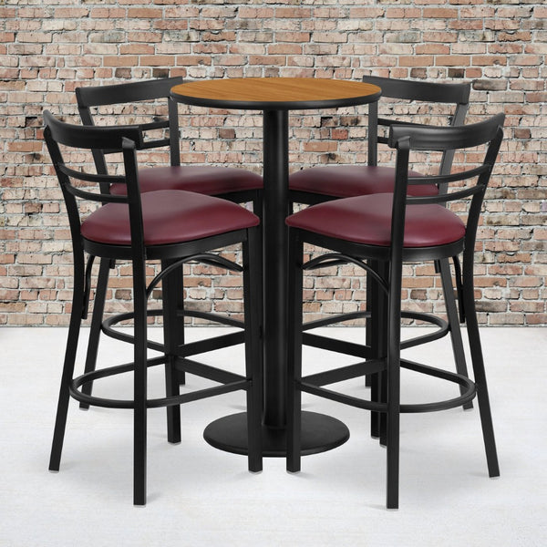 English Elm Jamie Commercial-Grade Bar Height Table and Stool Set for Restaurants, Cafes, and Home Spaces Natural Top/Burgundy Vinyl Seat 24" Round RSRB1039-GG