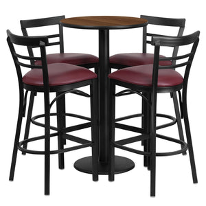 English Elm Jamie Commercial-Grade Bar Height Table and Stool Set for Restaurants, Cafes, and Home Spaces Walnut Top/Burgundy Vinyl Seat 24" Round RSRB1040-GG