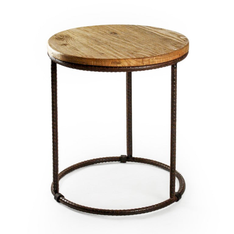 Zentique Rustique Rustic Round End Table with Stained Oak Top & Recycled Steel Base—Industrial Charm for Any Room W22 x H24.5 x D22 RURST-1S