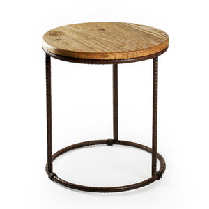 Zentique Rustique Rustic Round End Table with Stained Oak Top & Recycled Steel Base—Industrial Charm for Any Room W22 x H24.5 x D22 RURST-1S