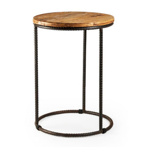 Zentique Rustique Rustic Round End Table with Stained Oak Top & Recycled Steel Base—Industrial Charm for Any Room W21.5 x H30 x D21.5 RURST-3S