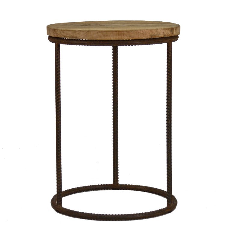 Zentique Rustique Rustic Round End Table with Stained Oak Top & Recycled Steel Base—Industrial Charm for Any Room W22 x H24.5 x D22 RURST-1S