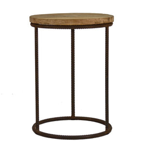 Zentique Rustique Rustic Round End Table with Stained Oak Top & Recycled Steel Base—Industrial Charm for Any Room W21.5 x H30 x D21.5 RURST-3S