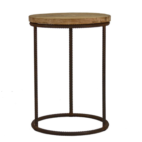 Zentique Rustique Rustic Round End Table with Stained Oak Top & Recycled Steel Base—Industrial Charm for Any Room W21.5 x H30 x D21.5 RURST-3S