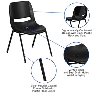English Elm HERCULES Ergonomic Shell Stack Chair: 440 lb Capacity for Kids, Ideal for Classroom Comfort & Durability Black Plastic/Black Frame RUT-12-PDR-BLACK-GG