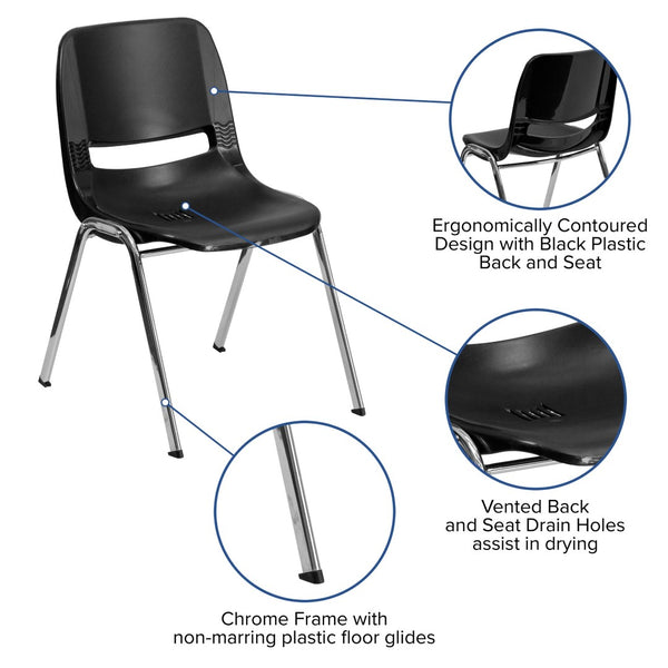 English Elm HERCULES Ergonomic Shell Stack Chair for Classrooms - 440 lb Capacity, Chrome Frame, Compact Design Black Plastic/Chrome Frame RUT-14-BK-CHR-GG