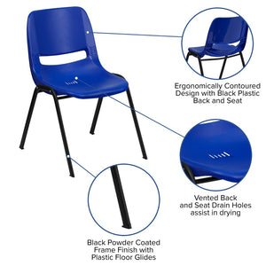 English Elm HERCULES Ergonomic Shell Stack Chair for Classrooms - 440 lb Capacity, Chrome Frame, Compact Design Navy Plastic/Black Frame RUT-14-NVY-BLACK-GG