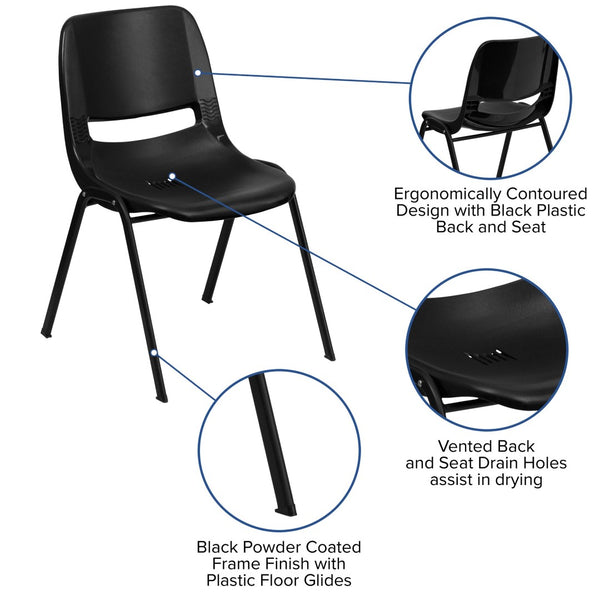 English Elm HERCULES Ergonomic Shell Stack Chair for Classrooms - 440 lb Capacity, Chrome Frame, Compact Design Black Plastic/Black Frame RUT-14-PDR-BLACK-GG