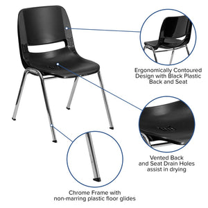 English Elm HERCULES Ergonomic Shell Stack Chair with Chrome Frame – 661 lb Capacity for Comfortable Classrooms Black Plastic/Chrome Frame RUT-16-BK-CHR-GG
