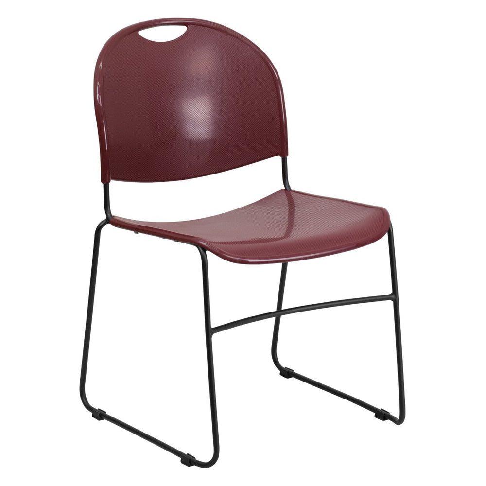 English Elm HERCULES Ultra-Compact Stack Chair with 880 lb Capacity, Chrome Frame, Ergonomic Design for Comfort Burgundy Plastic/Black Frame RUT-188-BY-GG