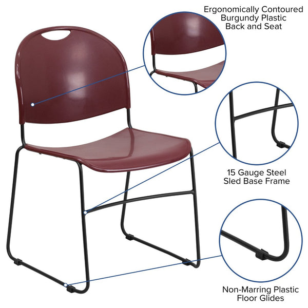 English Elm HERCULES Ultra-Compact Stack Chair with 880 lb Capacity, Chrome Frame, Ergonomic Design for Comfort Burgundy Plastic/Black Frame RUT-188-BY-GG