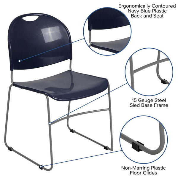 English Elm HERCULES Ultra-Compact Stack Chair with 880 lb Capacity, Chrome Frame, Ergonomic Design for Comfort Navy Plastic/Silver Frame RUT-188-NY-GG