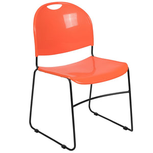English Elm HERCULES Ultra-Compact Stack Chair with 880 lb Capacity, Chrome Frame, Ergonomic Design for Comfort Orange Plastic/Black Frame RUT-188-OR-GG