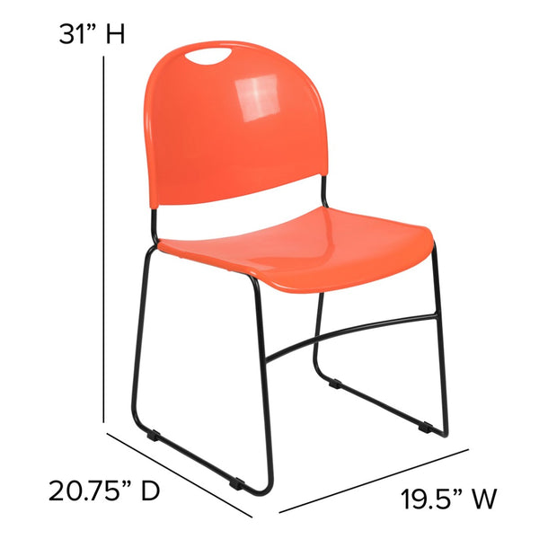 English Elm HERCULES Ultra-Compact Stack Chair with 880 lb Capacity, Chrome Frame, Ergonomic Design for Comfort Orange Plastic/Black Frame RUT-188-OR-GG