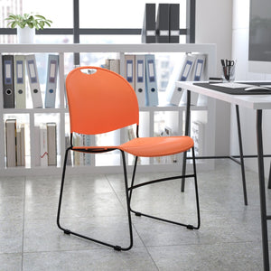 English Elm HERCULES Ultra-Compact Stack Chair with 880 lb Capacity, Chrome Frame, Ergonomic Design for Comfort Orange Plastic/Black Frame RUT-188-OR-GG