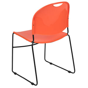 English Elm HERCULES Ultra-Compact Stack Chair with 880 lb Capacity, Chrome Frame, Ergonomic Design for Comfort Orange Plastic/Black Frame RUT-188-OR-GG